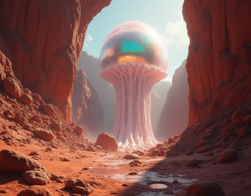 the viewer is in a rift, there is a dome top growing up above the rift, there are veiny dark bubbles growing in a rift between two martian land masses, the bubble anchored itself to rift walls, and climbing higher, astronauts are witnessing it for the first time, ethereal rainbow bubbles, iridescent soapy bubbles, ethereal bubbles, bubble, foamy bubbles, soap bubbles, rainbow bubbles, air bubbles, water bubble, magic bubble barrier, bubbles rising, huge bubbles, liquid sculpture, magic bubble barrier, bubbles rising, huge bubbles, bubbly closed cell foam and froth at the base of the bubble, the main structure can be seen from satellite pictures, viewer and astronauts are inside a terraformed alien bubble. the biological membrane of the bubble surface is reminiscent of botanotech from series raised by wolves,
there is a veiny dark membrane growing in a rift between two martian land masses, the membrane is air tight and anchored itself to rift walls, and climbing higher, ethereal rainbow membrane, iridescent soapy membrane, ethereal membrane, membrane, foamy membrane, soap membrane, rainbow membrane, membrane air bubbles, water bubble, magic membrane barrier, bubbles rising, huge membrane, liquid sculpture, magic membrane barrier, membrane rising, huge membrane, membrane closed cell foam and froth at the base of the bubble, the main structure can be seen from satellite pictures, viewer and astronauts are inside a terraformed alien membrane. the biological membrane of the bubble surface is reminiscent of botanotech from series raised by wolves,