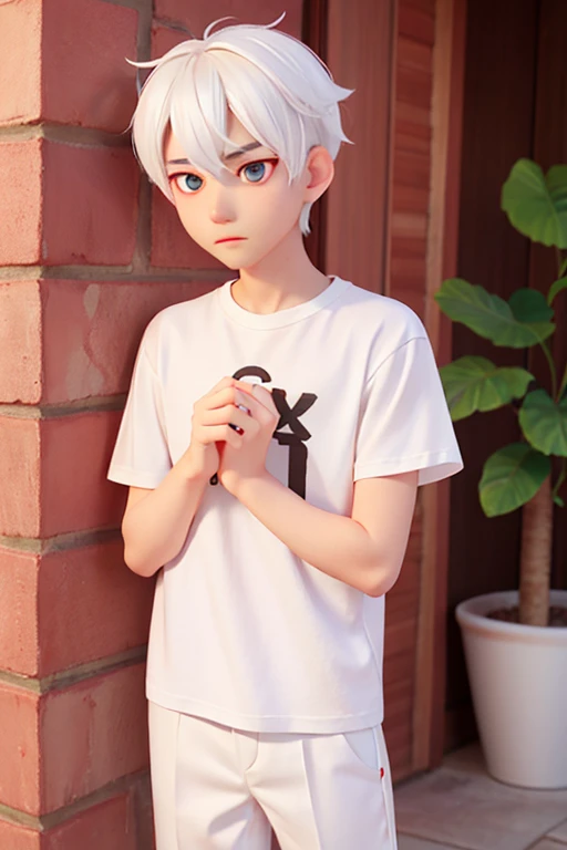 male、16age、White Hair、Red eyes、White T-shirt、Light Skin、Gentle expression、Black trousers、
