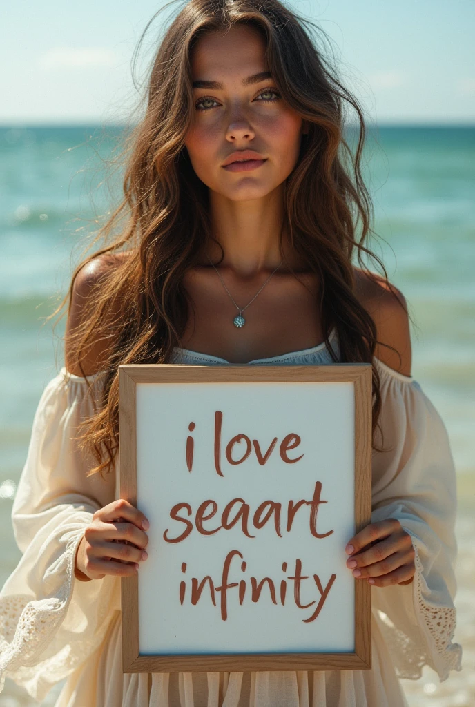 Beautiful girl with wavy long hair, bohemian dress, holding a white board with text "I Love Seaart Infinity" and showing it to the viewer