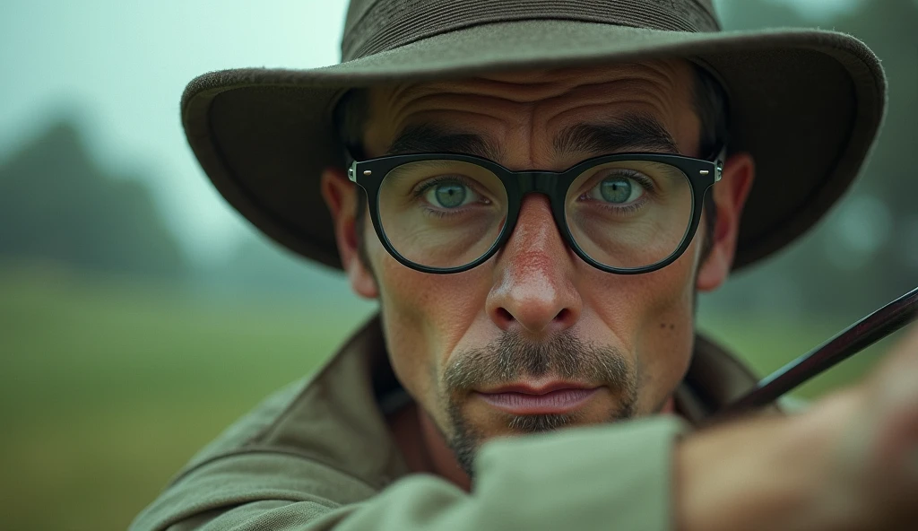 Man playing golf.,Surreal photos,Looking at the audience,Wearing glasses for myopia,Wearing a hat。