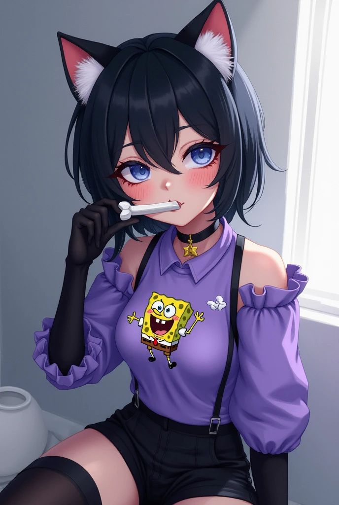 Transgender girl, short black hair, white cat ears, blue eyes, a bone in her mouth, purple blouse with a SpongeBob, short black shorts with long black stockings and long black gloves And white skin