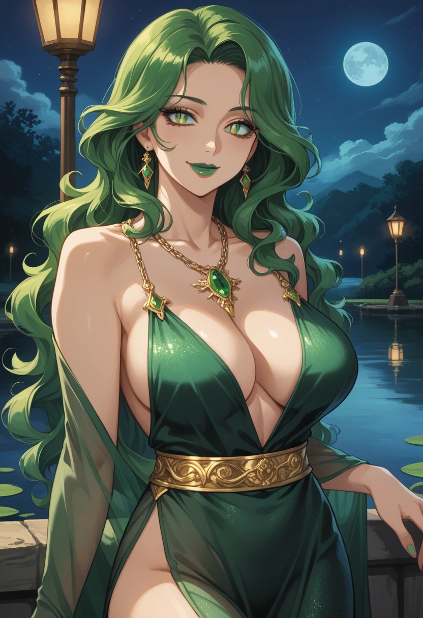 Anime, High-resolution illustrations, unrivaled masterpiece, ultra-realistic 8k CG, perfect artwork, (fidelity: 1.5), ((night)), Very beautiful girl, mature, (solo), long wavy hair , silky green hair, sparkling slit eyes, (slit pupils:1.4), huge, (curvy), seductive body, ((natural makeup)), (green eyeshadows), large breasts:1.2, (Compressed chest:1.3), (tempting body), ((flowing, sheer black fantasy dress that is tightly draped over her busts making them bulge out. The dress is shoulderless, secured with golden accessories, including a decorative belt or chain around her waist)), necklace, character in the middle, standing, lake near palace, seductive smile, green lipstick