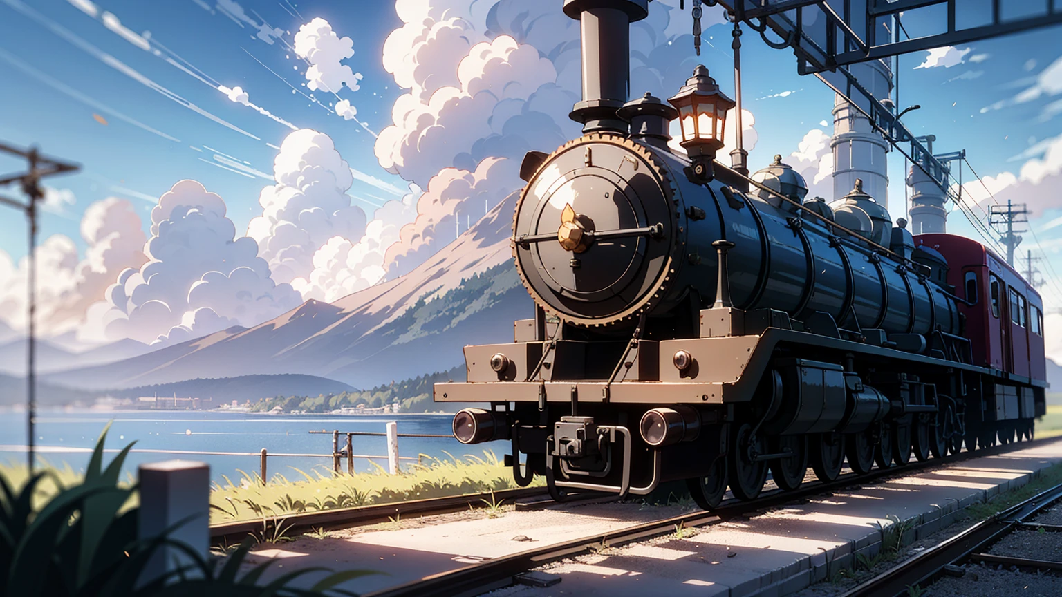 (best quality), ((masterpiece)), (highres), illustration, original, extremely detailed, there is a train crossing on the tracks near the ocean, beautiful anime scene, ( ( makoto shinkai ) ), anime landscape, beautiful anime scenery, anime movie background, makoto shinkai. —h 2160, makoto shinkai cyril rolando, anime beautiful peace scene, anime background art, anime scenery, anime background, colorful anime movie background