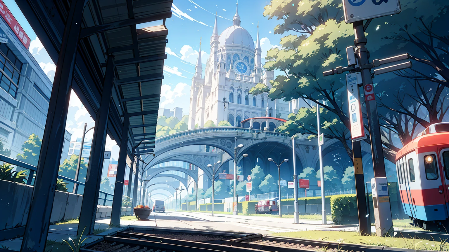 (best quality), ((masterpiece)), (highres), illustration, original, extremely detailed, there is a train crossing on the tracks near the ocean, beautiful anime scene, ( ( makoto shinkai ) ), anime landscape, beautiful anime scenery, anime movie background, makoto shinkai. —h 2160, makoto shinkai cyril rolando, anime beautiful peace scene, anime background art, anime scenery, anime background, colorful anime movie background
