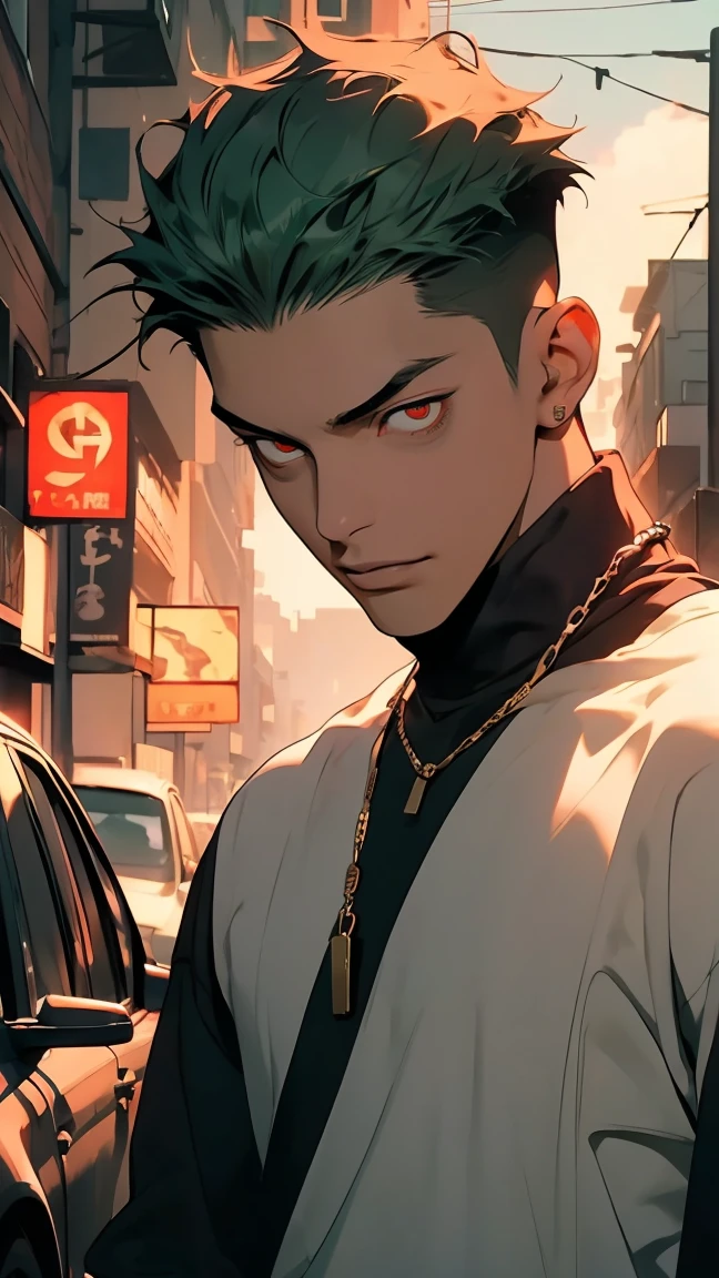 highest quality, 8K, high resolution image, anime style Jujutsu Kaisen, detailed strokes, bored look, blurry, purple light is reflected from it, 1 man, male, 27 year old man, handsome guy, cool guy, strong man, trained body, trained shoulder, multicolored background with various geometric shapes, around stickers, muscular, neon green hair, red eyes, short hairstyle: undercut, puffy chest. He wears shirt, and black sweatpants, his look is elegant but sloppy. He wears a long link chain around his neck, shaved body, hand in his pocket, gold link chain, background: city, street, cars, taxi, people,