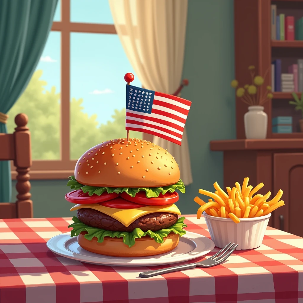 Dining room，table，Plate，A delicious burger，There&#39;s an American flag on the burger，French fries and a knife and fork on the side，Disney cartoon style