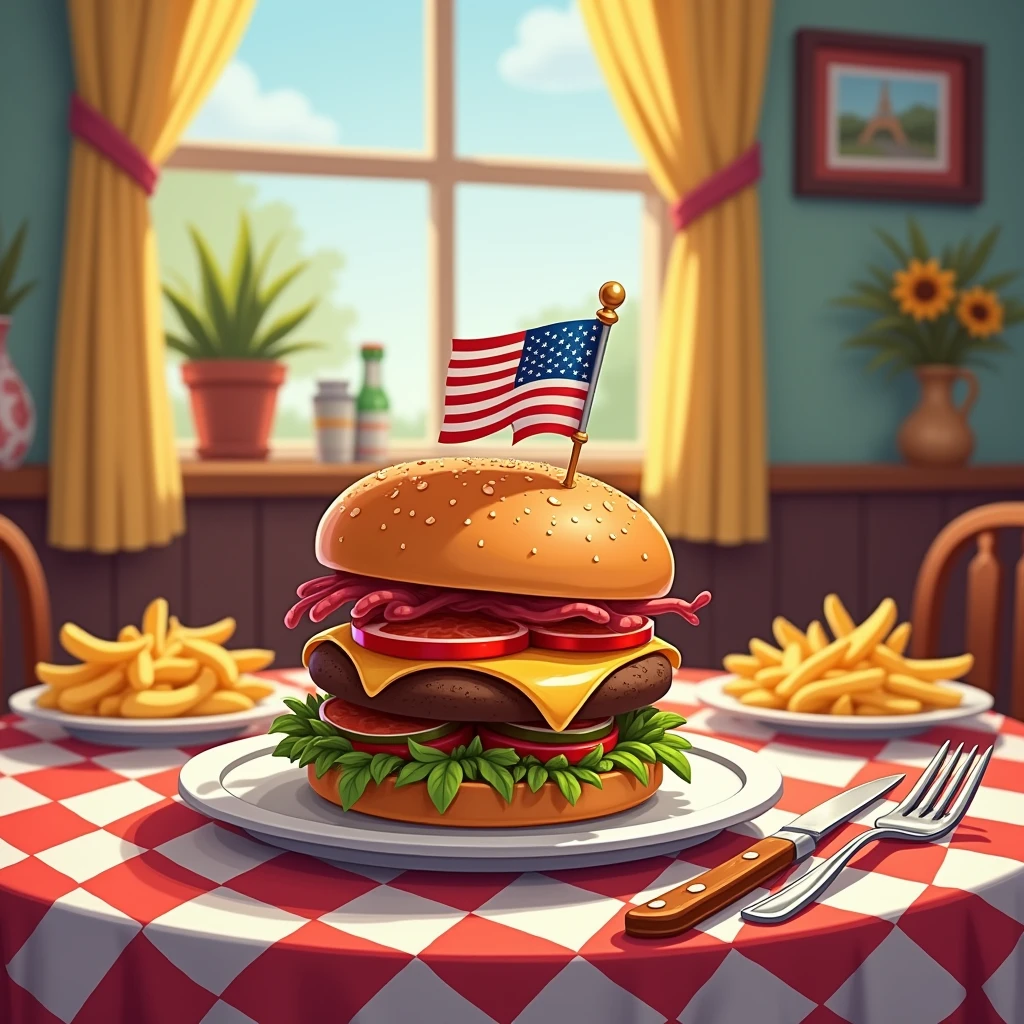 Dining room，table，Plate，A delicious burger，There&#39;s an American flag on the burger，French fries and a knife and fork on the side，Disney cartoon style