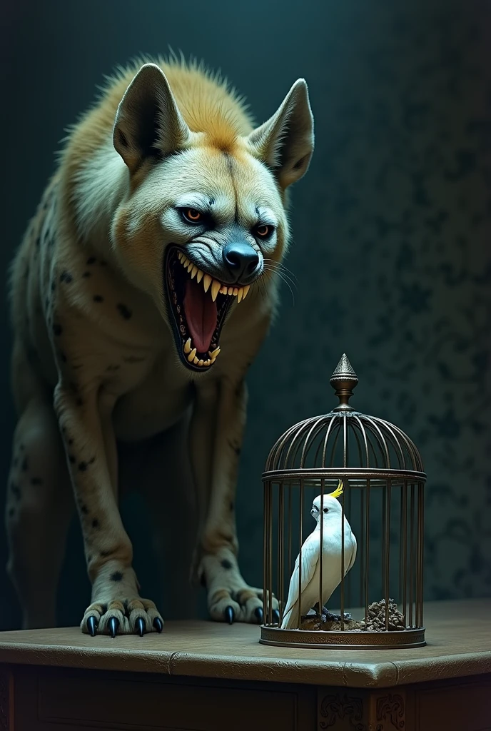A huge evil wide grinning hyena exposing a set of sharp yellow teeth looking at a white parrot in a birdcage across a room, background shadows, nightmare