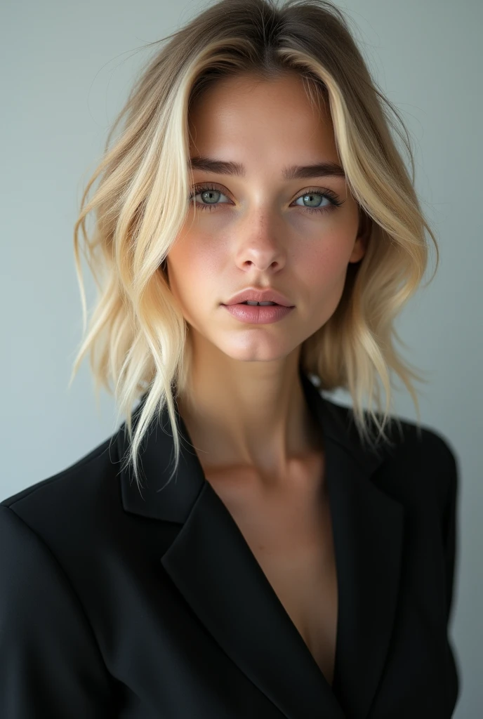 portrait of european girl,solo,20yo,beautiful face,uppser body,hair over one eye,medium sidecut, blonde hair, sharp focus,black business suit