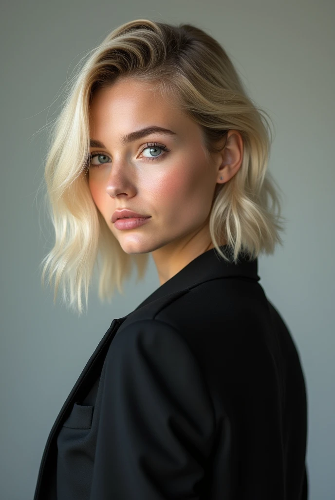 portrait of european girl,solo,20yo,beautiful face,uppser body,hair over one eye,medium sidecut, blonde hair, sharp focus,black business suit