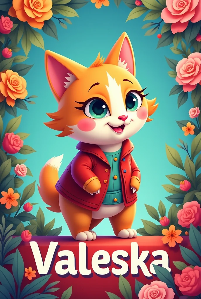 Create a flipbook cover Add Luana Valeska's name to the cover at the top center of the title.
adding a domestic female animal that is animated with clothes but is not fictional and is colorful.