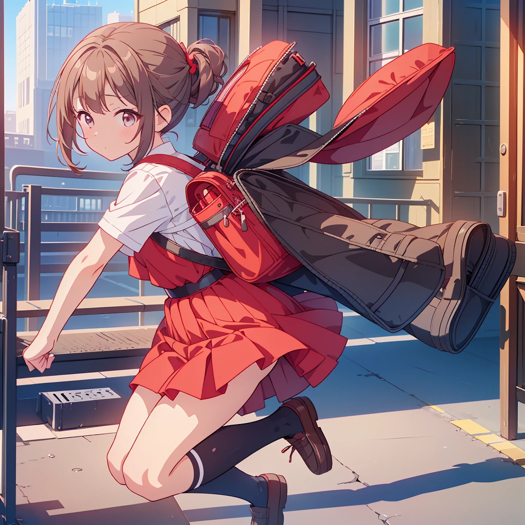 1girl,An elementary school student wearing a red dress has her hair slicked back by a strong wind、Carrying a black backpack、White knee-high socks、Brown loafers、