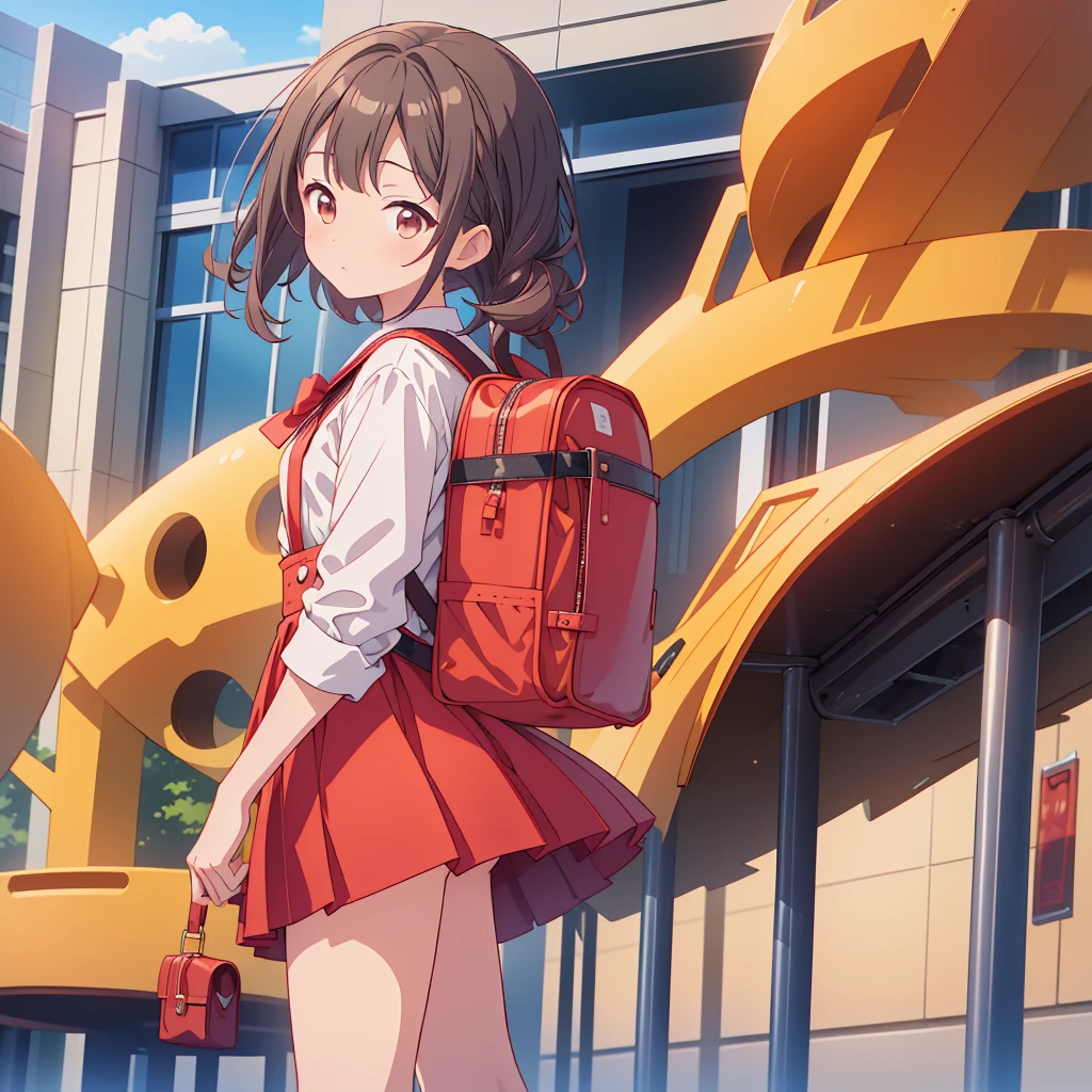 1girl,An elementary school student wearing a red dress has her hair slicked back by a strong wind、Carrying a black backpack、White knee-high socks、Brown loafers、