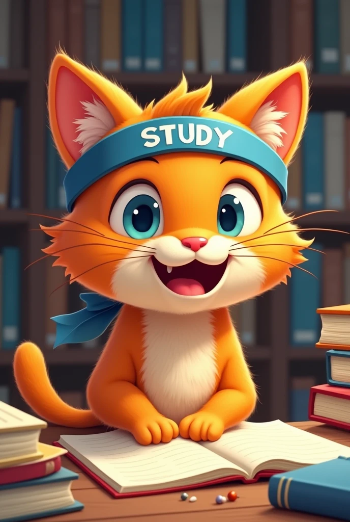 make a smiling orange cat with a headband that says "Study" who is studying. make it in a cartoon style