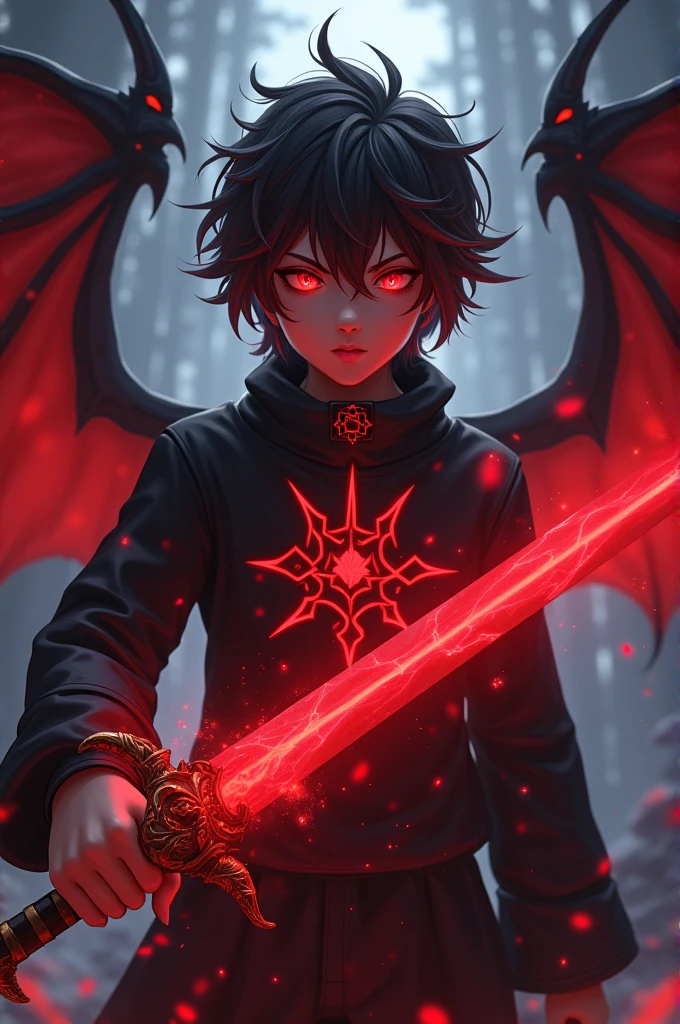 A enemy boy
A sowrd with red spell power
Medium size hair
Hair colour red and black mixed
For demon Wings in his back side
Eyes colour red
Imagical symbol on his chest
A Damon symbol in his hand