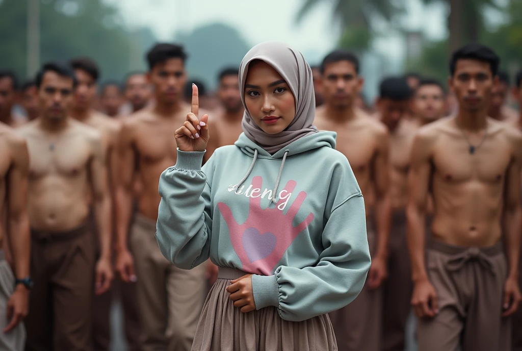 A hijaber indonesian pretty woman, wearing a  hoodie with a strong vector design featuring a silhouetted image of a five-fingered palm in pastel colour with love and light. The phrase "ELENG ❤️" is displayed in bold simple elegand, distressed typography with pastel colours, while holding her long skirt, wearing hijab, one-handed pose pointing upwards, in a public place, surrounded by many naked men, jav idol, with front shooting angle, very realistic, (complex detail: 0.9), (hdr, hyperdetail: 1.2), RAW, Sony Alpha a9 II, 24-105mm f/4, HDR,