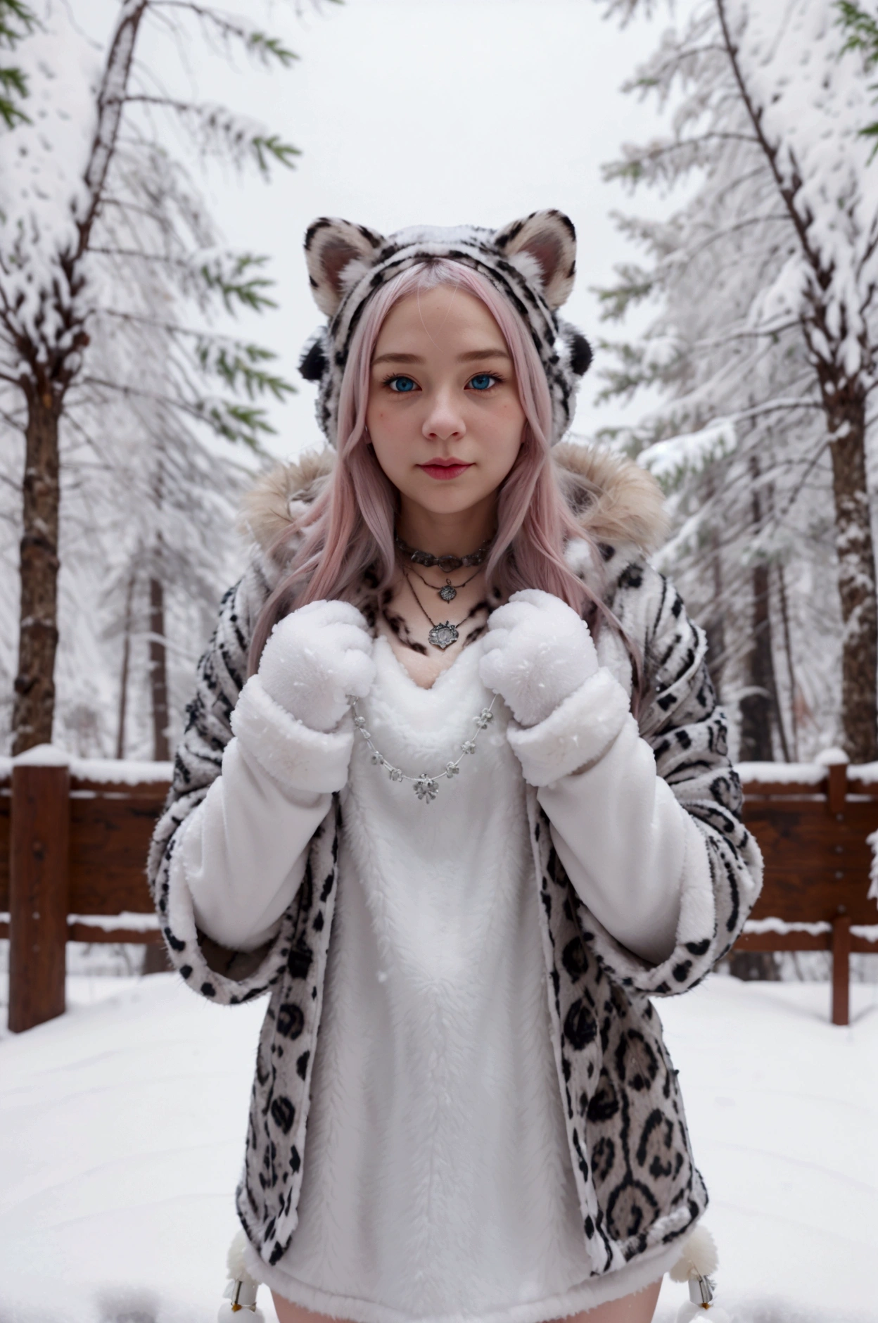 a shy blushing face adult female with snow leopard features with ears,the girl has winter clothes, You see the full body, with a necklace with a small bell and thin but furry white gloves, The girl has bright blue eyes and white hair, in a snowy pine forest and snow-covered trees.