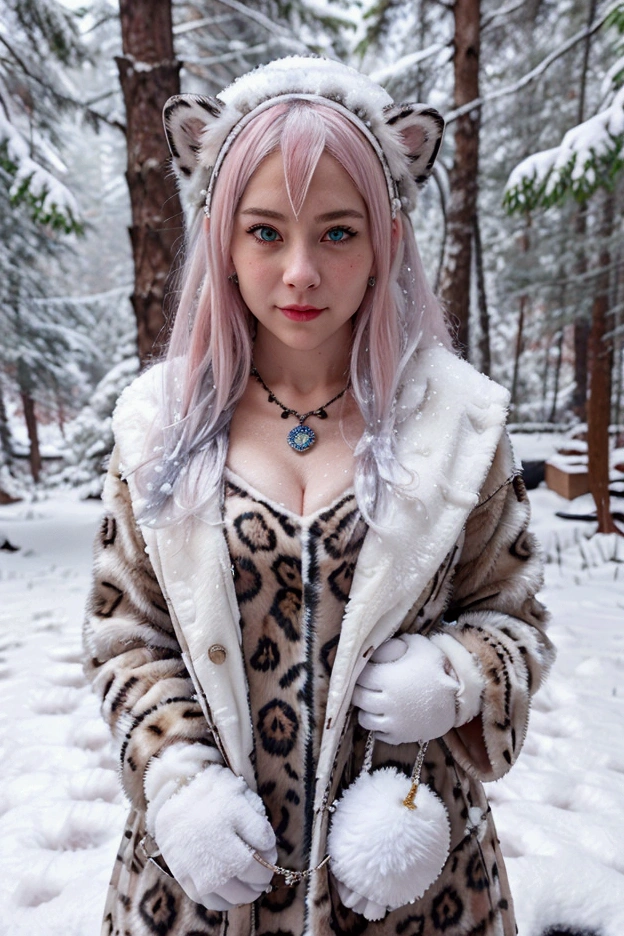 a shy blushing face adult female with snow leopard features with ears,the girl has winter clothes, You see the full body, with a necklace with a small bell and thin but furry white gloves, The girl has bright blue eyes and white hair, in a snowy pine forest and snow-covered trees.