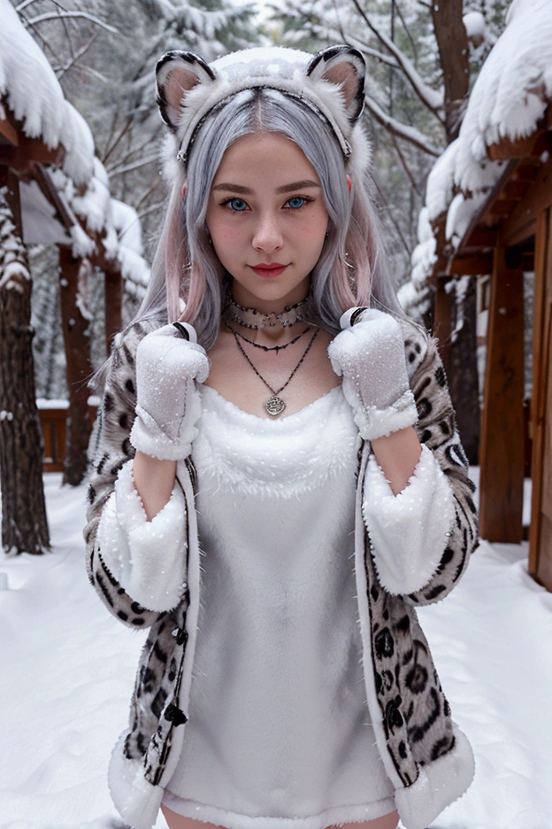 a shy blushing face adult female with snow leopard features with ears,the girl has winter clothes, You see the full body, with a necklace with a small bell and thin but furry white gloves, The girl has bright blue eyes and white hair, in a snowy pine forest and snow-covered trees.