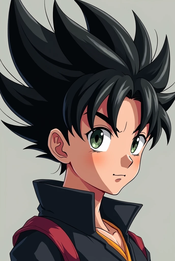 Generate an image of an extremely handsome boy having all spiked upwards raven black hair with only a single lock of hair hanging down his forehead, his hairstyle is exactly the same as adult Gohan and make his face very handsome and charming.