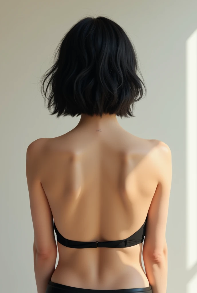 An average body woman with a short black hair in a back view
