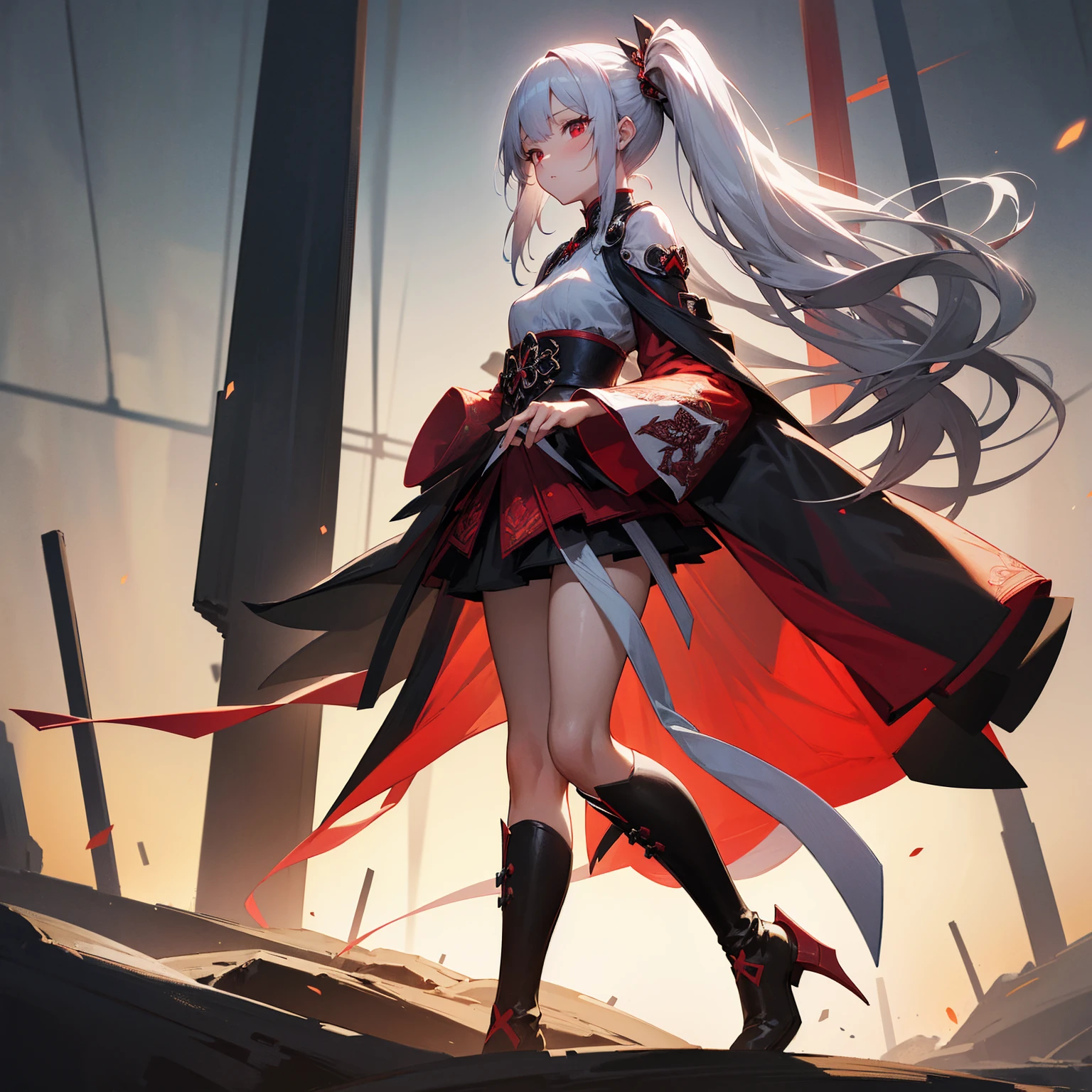 masterpiece, best quality, detailed)、1 female、Silver Hair Long、Red Eyes,Side Ponytail,Waist-length hair,White hair and red eyes,Side Ponytail,Waist-length hair,Thick black silk,Boots,Highly detailed official artwork, Epic Light Novel Cover Art, epic Light novel cover art, Anime style 4k, detailed关键动画艺术, Light novel cover art, Anime Fantasy Artwork
