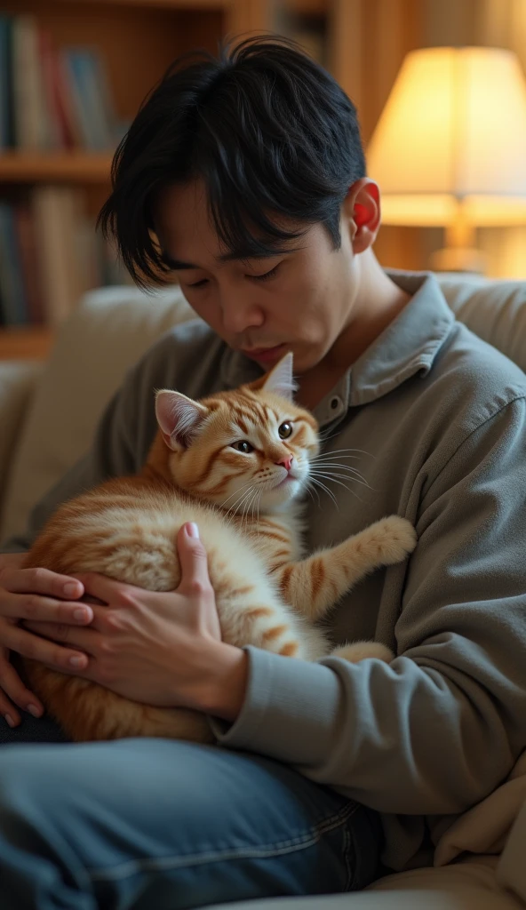 A cat snuggles up to its owner, who is feeling down, offering quiet comfort. The owner sits on the sofa, with the cat gently nestled beside them. The cat’s large eyes are full of kindness, trying to soothe the owner’s heart. The room is softly lit, creating a warm and comforting atmosphere.Realistic、4K.8k.Realistic cat and master、The husband is Japanese.