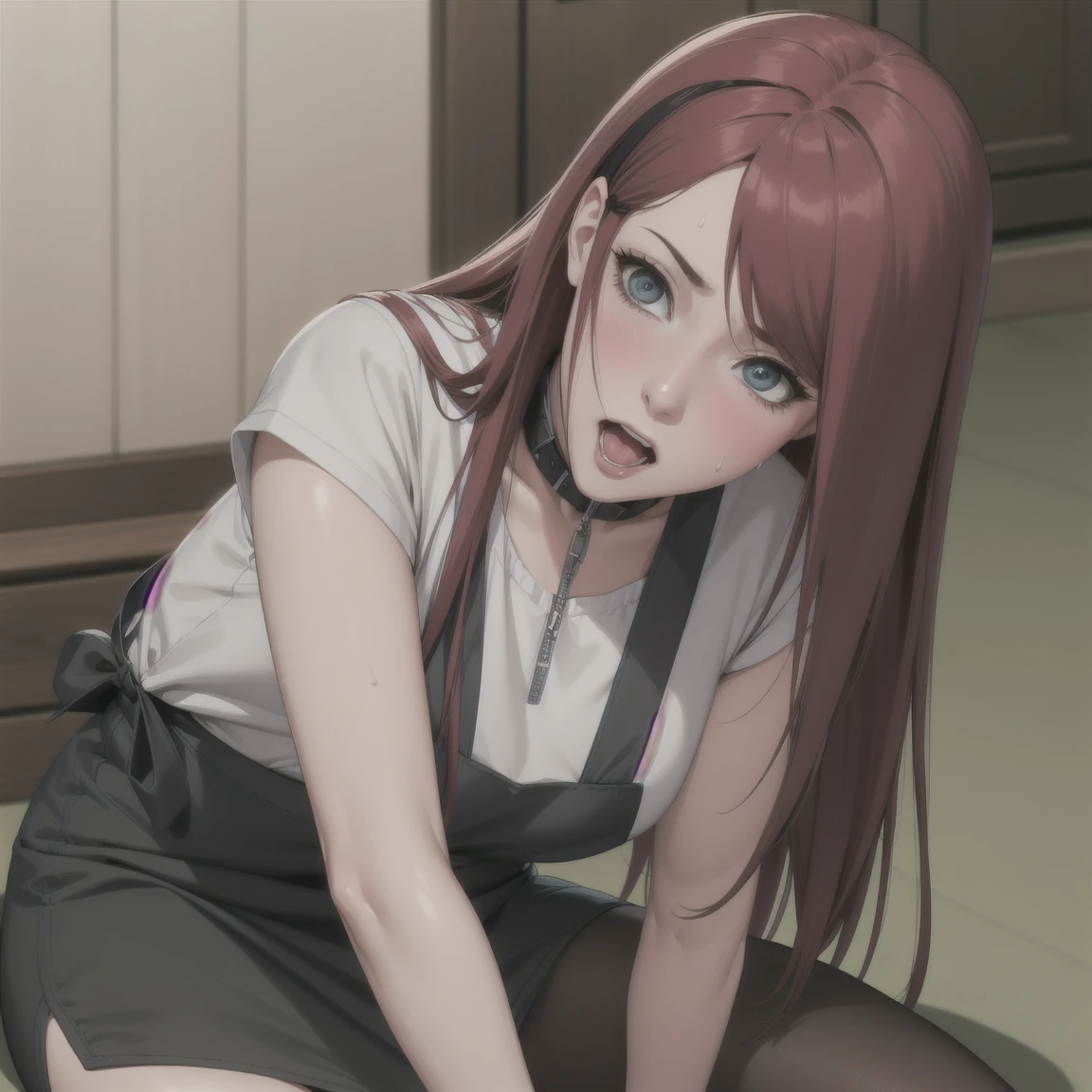 Kushina, Kushina, Long hair, Hair accessories, Red hair, Hairpin, (Gray eyes:1.5), (side fringe:1.5),
Rest shirt, skirt, Jewelry, White shirt, Short sleeve, apron, bracelet, green apron, collar,
 best quality, high resolution, Unity 8K wallpaper, (illustration:0.8), (Beautiful and delicate eyes:1.6), Extremely detailed face, Perfect lighting, Extremely detailed CG, (Perfect hands, Perfect anatomical structure),（floor, indoors,whole body，Vision，（（blush，Uncomfortable expression，）），（（blush，特别blush，nervous，Sweating，Sweating，）），（Sexy pose），（blush，Sweating），（（Vision，whole body，Blush，blush，Black stockings，）），（（Mouth open，Stick out your tongue，Devil figure，blush，Mouth open，Stick out your tongue，））