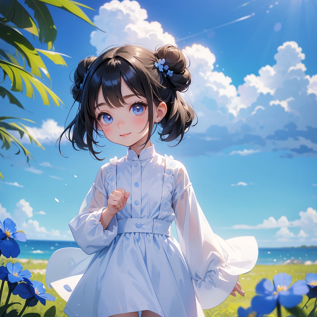 A chibi child girl had a small face and wearing a white little tourist priest’s outfit, a pair of big round eyes shone with curiosity about him. This child was so cute, her hair is black with buns on her hair. Small chibi , chibi baby, smiling , chibi.
Strolling among the Nemophila fields Glowing blue,