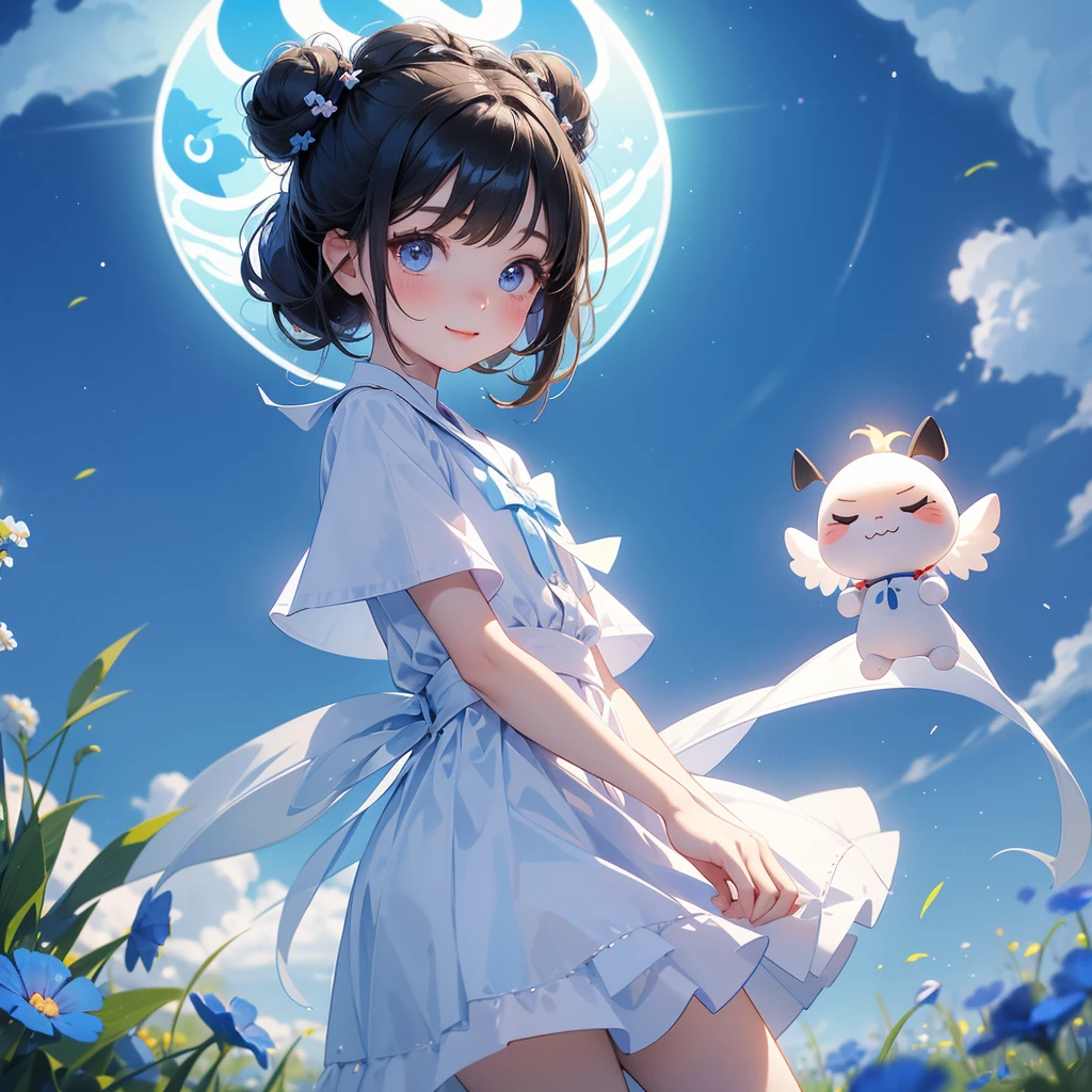 A chibi child girl had a small face and wearing a white little tourist priest’s outfit, a pair of big round eyes shone with curiosity about him. This child was so cute, her hair is black with buns on her hair. Small chibi , chibi baby, smiling , chibi. 

Strolling among the Nemophila fields Glowing blue,