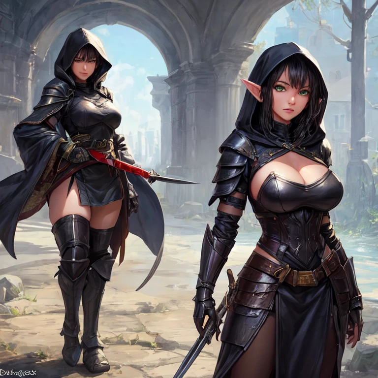 Tall female elf assassin with black hair and green eyes dressed in leather armor with a black robe and hood large breasts and daggers