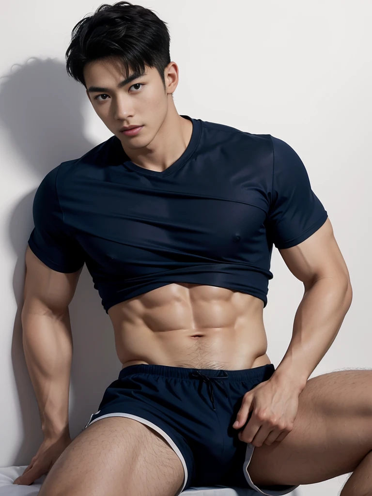1 Handsome  naked Japanese guy ，Sexy pose, A 20 year-old man wearing a Bare chest shirt and Excellent shorts stands against a white background, navy Blue, navy Blue, Sports T-shirt, Blue, Excellent Sportswear, Gorgeous and sexy clothes, Sportswear, Short sleeve, Jinjinshen Blue clothes, Tall young man, Tennis suits, Wearing Sportswear, dark Blue decorative clothing，male，Bare chest,Full chest muscles，Swelling of chest muscles，Six-pack，Hips， Handsome，High，Muscles look good，hairy body，Sexy expression, Wheat complexion，black eyes（thin eyes 1：3），Full body image, Excellent, perfect dick shape, Perfect hand details,Detailed you, , Mostly juicy ass, The opening of your legs