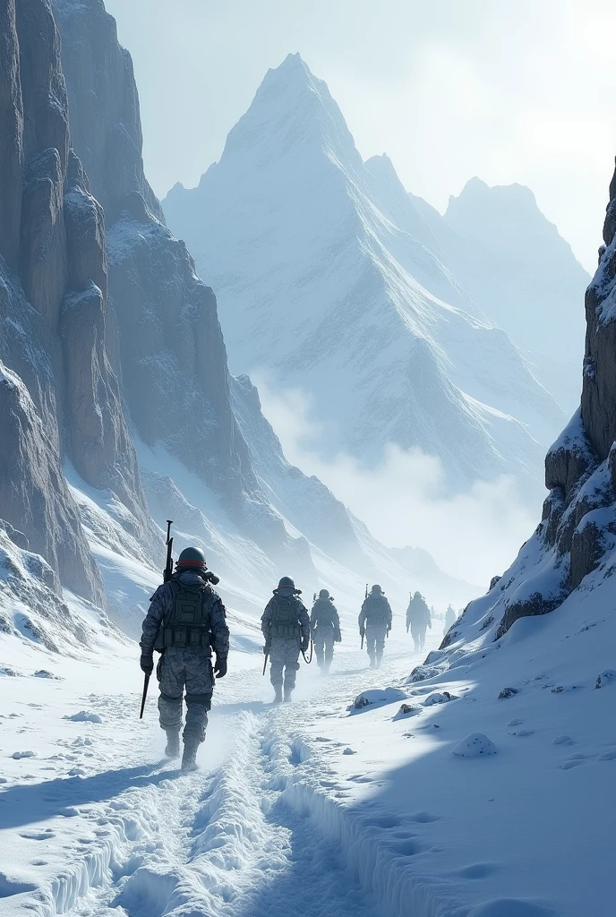Mountains covered in snow with soldiers walking
