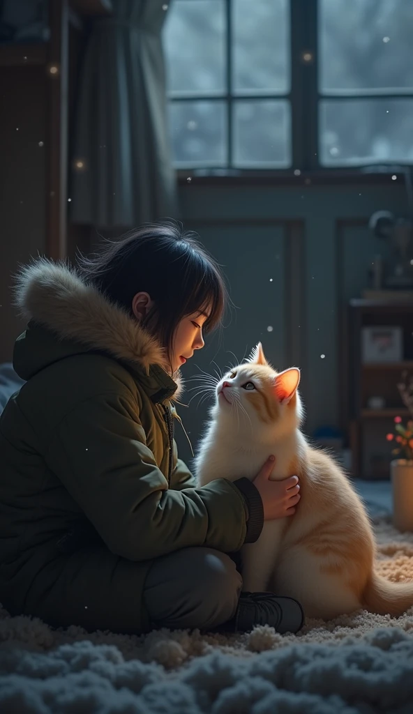  In a cold room, a cat snuggles close to its owner, trying to guide them to a warmer spot. The owner looks chilly, while the cat, with its fluffy fur, gazes up as if saying, “Let’s get cozy in a warm place together.” The scene conveys the cat’s effort to comfort and warm the cold room.Realistic、4K.8k.Realistic cat and master、The husband is Japanese.