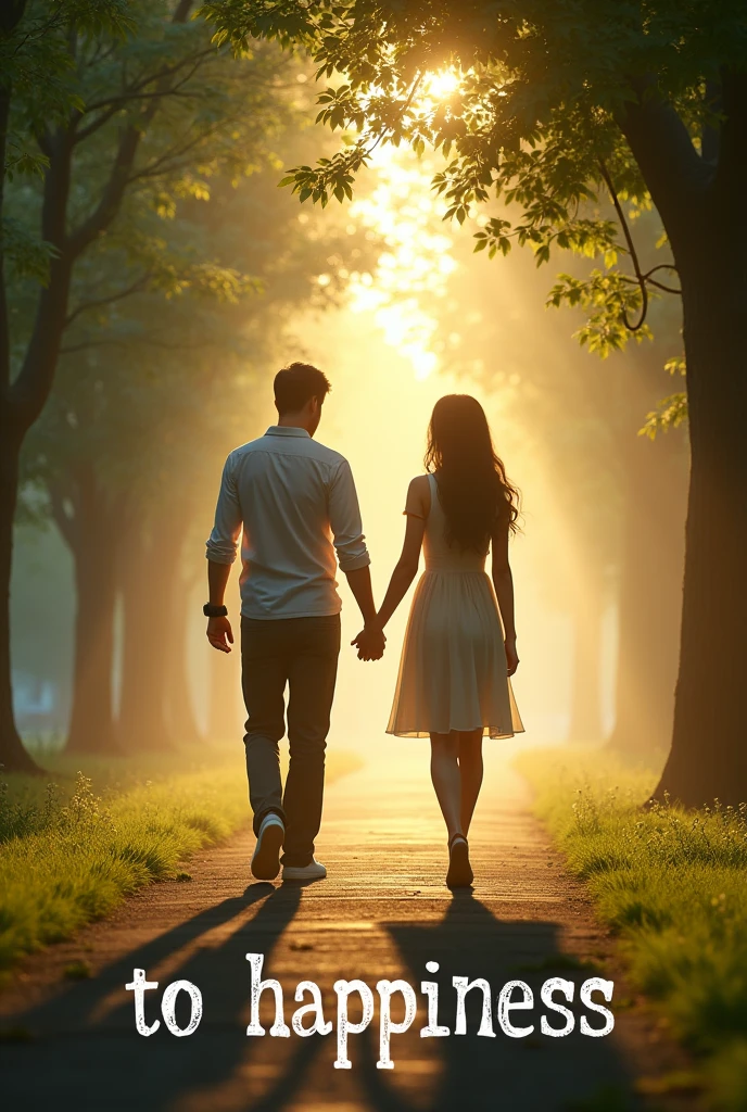 The words "TO HAPPINESS" written in large letters at the bottom of the screen, ((masterpiece, highest quality, Highest image quality, High resolution, photorealistic, Raw photo, 8K)), ((Extremely detailed CG unified 8k wallpaper)), The back view of a man and woman walking hand in hand, on a tree-lined street with sunlight filtering through the trees, the last scene of a romantic movie, green leaves and white light, a walkway in the morning mist,