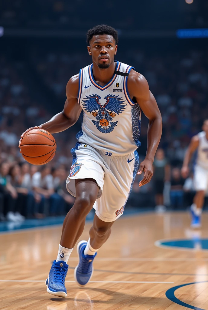 White basketball uniform with blue and Quetzalcoatl