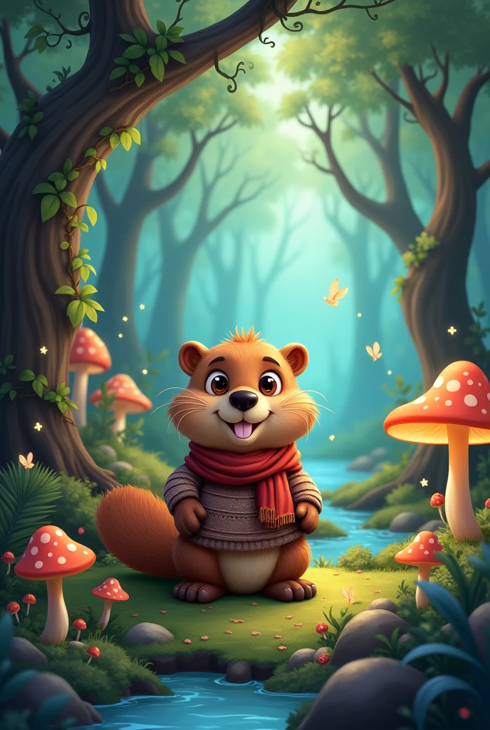 Beaver in an enchanted forest, cartoons
