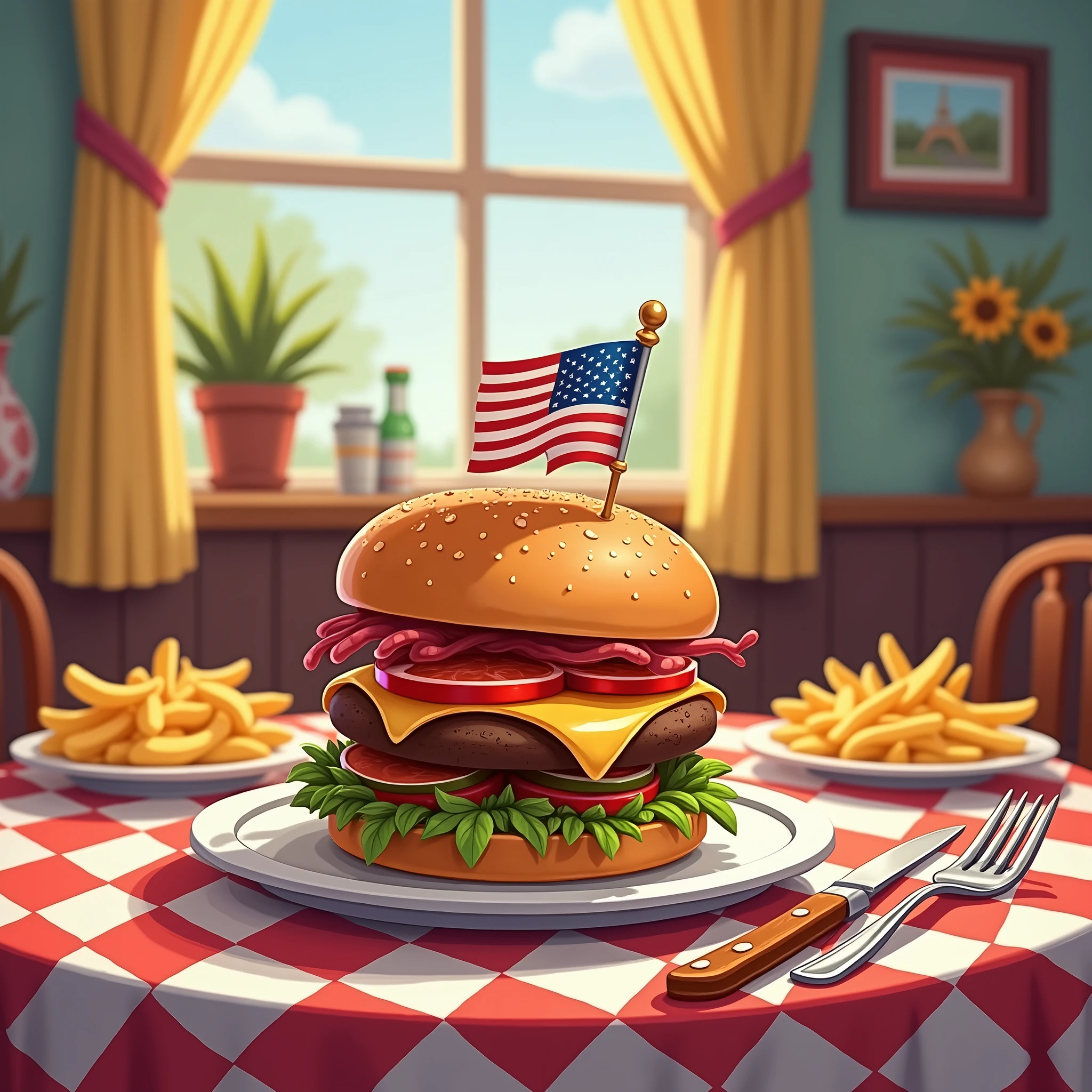 Dining room,table,Plate,A delicious burger,There's an American flag on the burger,French fries and a knife and fork on the side,Disney cartoon style