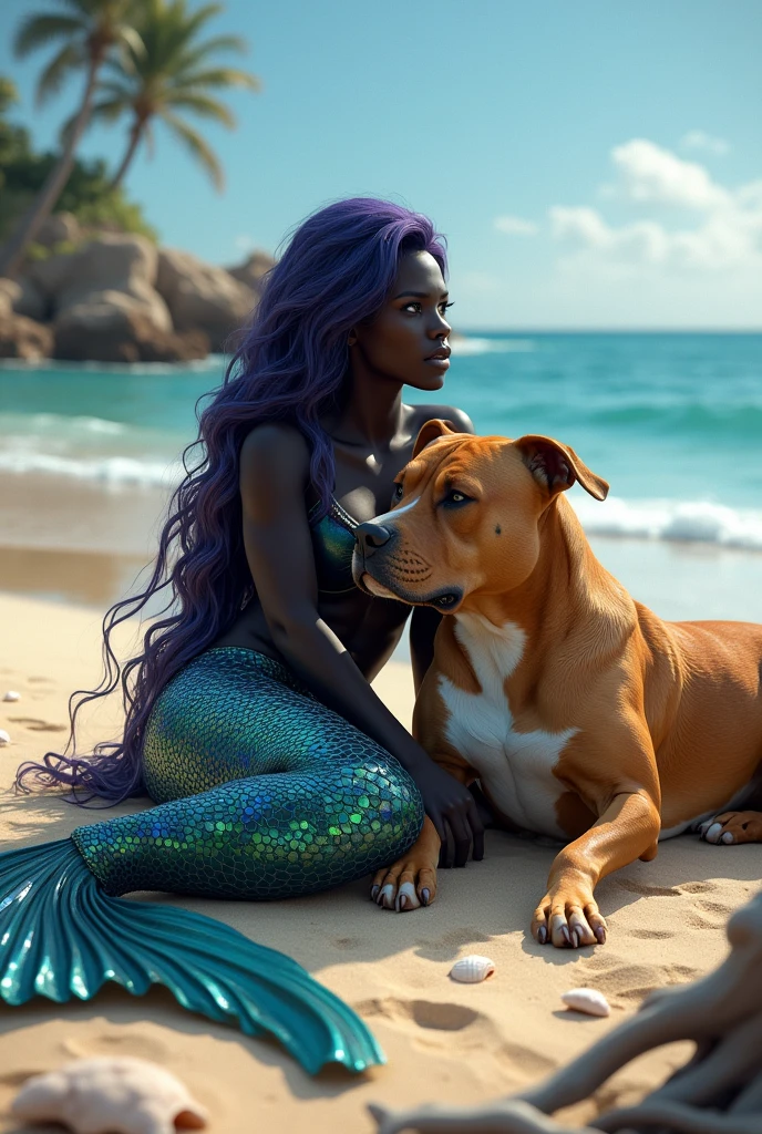 Make a dark skinned Mermaid sitting on the beach sand next to a yellow almost brown Pitbull