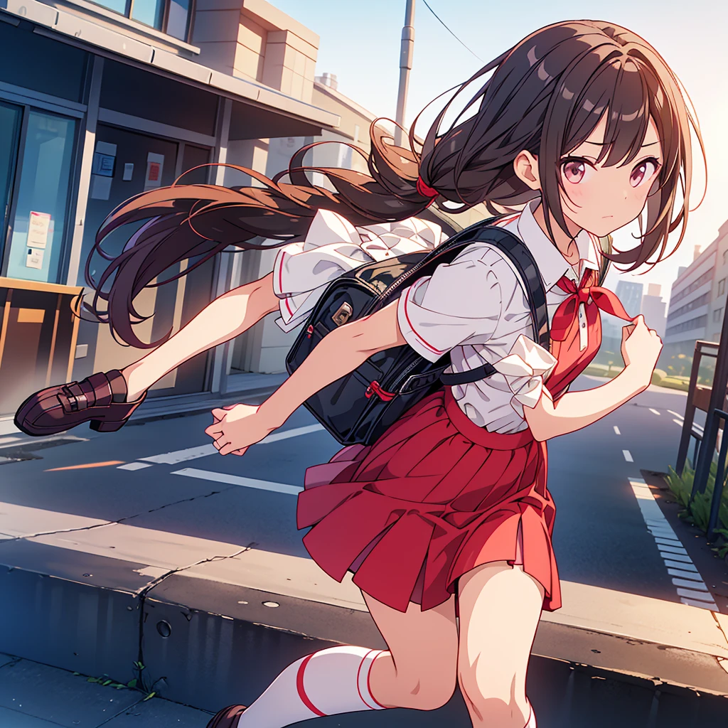 1girl,An elementary school student wearing a red dress has her hair slicked back by a strong wind、Carrying a black backpack、White knee-high socks、Brown loafers、While skipping、Sideways from the viewer&#39;s perspective、Yellow Background、