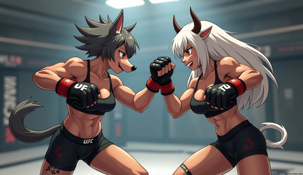 2 females, The Fox and the Wolf, Furry, beastman, animal hair, tail, first round, topless, jeans, long pants, gloves, boots, boxing, game, fist fight