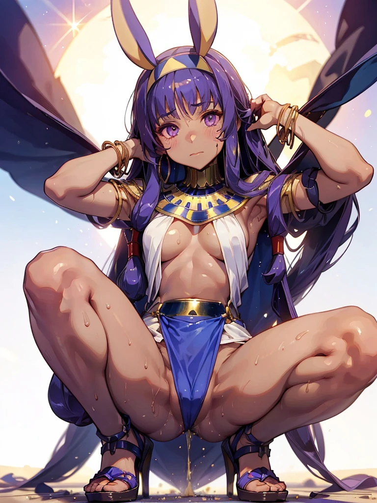 Nitocris、beautiful girl、Raise your hands to show your sweaty armpits,peeing、squatting、spread legs、high heels、shoes、hands on knees、touching vagina、