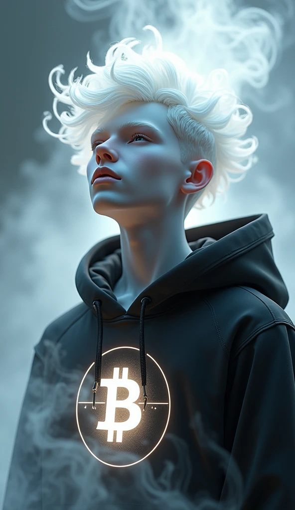 Create a 3D illustration of a 25 year old boy pure devine White skin, wearing a Black jacket with glowing Bitcoin logo, smoke artistically forming a frame edit Photoshop Computer named, style, detailed face, focus on face, 8K