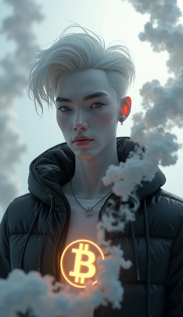 Create a 3D illustration of a 25 year old boy pure devine White skin, wearing a Black jacket with glowing Bitcoin logo, smoke artistically forming a frame edit Photoshop Computer named, style, detailed face, focus on face, 8K