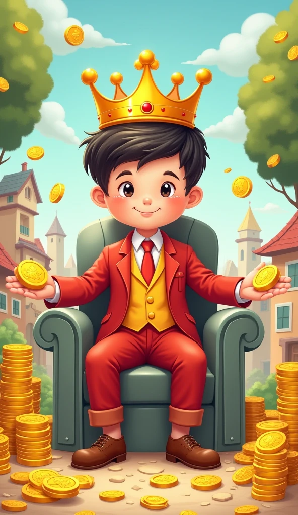 A boy wearing a crown, wearing a red suit, sitting on a stone chair. On his head is a gold coin. In both hands is a gold coin. And both feet are stepping on a coin. 2 background scenes are pictures of a town, coins, simple anime cartoon lines. The lines are like drawings using a brush and pencil. It&#39;s cute, simple, and easy on the eyes. It&#39;s cute and bright. The color tones are pastel. 