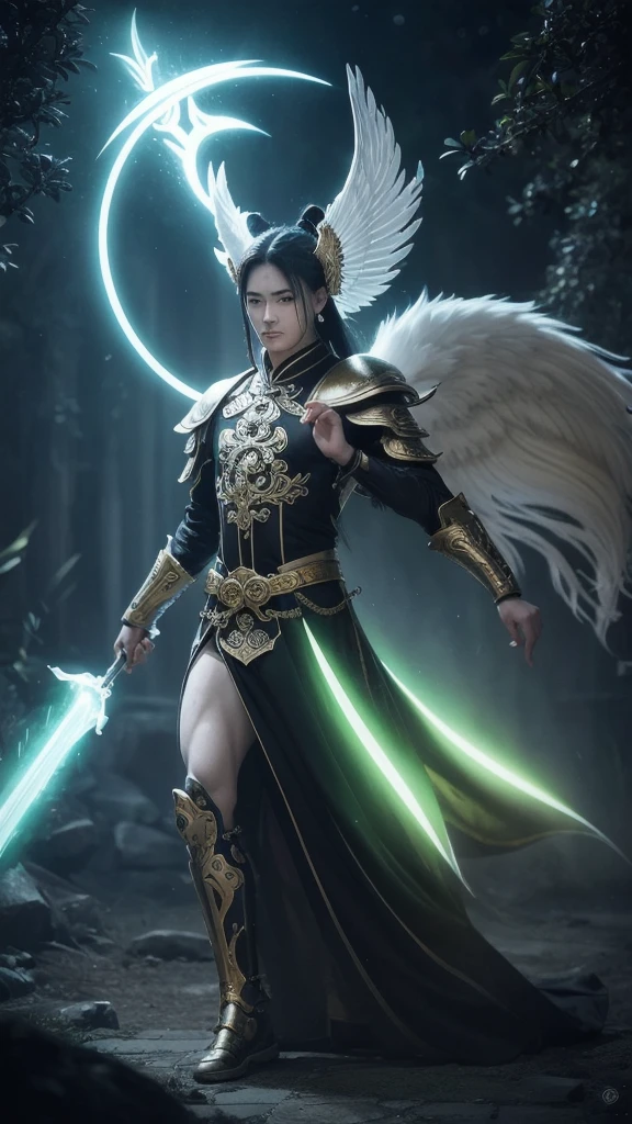 Full body photo, fluorescent art, virtual engine, Tianting Divine General, Erlang Divine Yang Jian, silver radiance, glowing divine ring behind, divine backlight, white ribbon flying, full of pressure, wearing silver divine armor, waving a golden trident in hand, dynamic posture, combat posture, black howling celestial dog following beside, with magnificent Chinese architecture behind, dark mythological style, ethereal scene, ethereal feeling, dark color tone, perfect composition, and a sinister smile