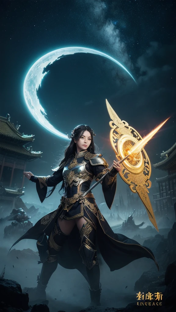 Full body photo, fluorescent art, virtual engine, Tianting Divine General, Erlang Divine Yang Jian, silver radiance, glowing divine ring behind, divine backlight, white ribbon flying, full of pressure, wearing silver divine armor, waving a golden trident in hand, dynamic posture, combat posture, black howling celestial dog following beside, with magnificent Chinese architecture behind, dark mythological style, ethereal scene, ethereal feeling, dark color tone, perfect composition, and a sinister smile