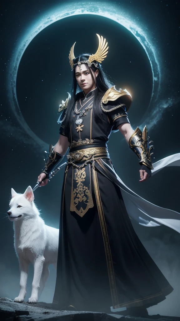 Full body photo, fluorescent art, virtual engine, Tianting Divine General, Erlang Divine Yang Jian, silver radiance, glowing divine ring behind, divine backlight, white ribbon flying, full of pressure, wearing silver divine armor, waving a golden trident in hand, dynamic posture, combat posture, black howling celestial dog following beside, with magnificent Chinese architecture behind, dark mythological style, ethereal scene, ethereal feeling, dark color tone, perfect composition, and a sinister smile