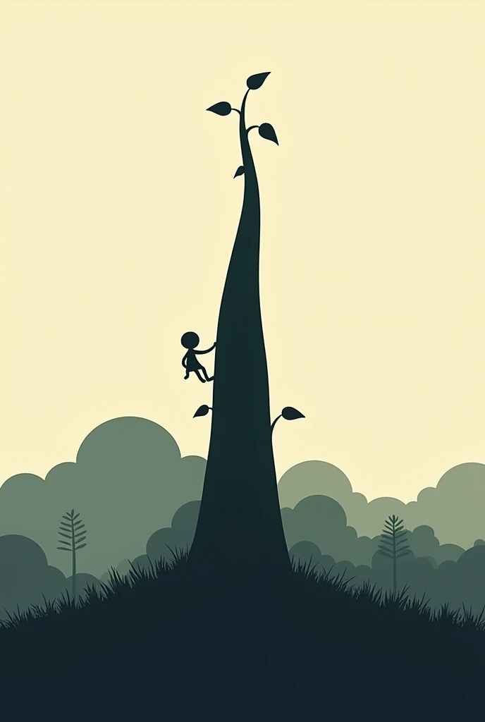 Minimalist silhouette art inspired by Olly Moss, depicting a scene from Jack and the Beanstalk.
Show Jack climbing the massive beanstalk that reaches up into the clouds. The beanstalk should be a towering silhouette, with Jack as a small figure in contrast. Use a limited color palette, with a strong contrast between light and shadow. The background could show a gradient from dark at the bottom, representing the ground, to light at the top, symbolizing the sky and the magical realm in the clouds.