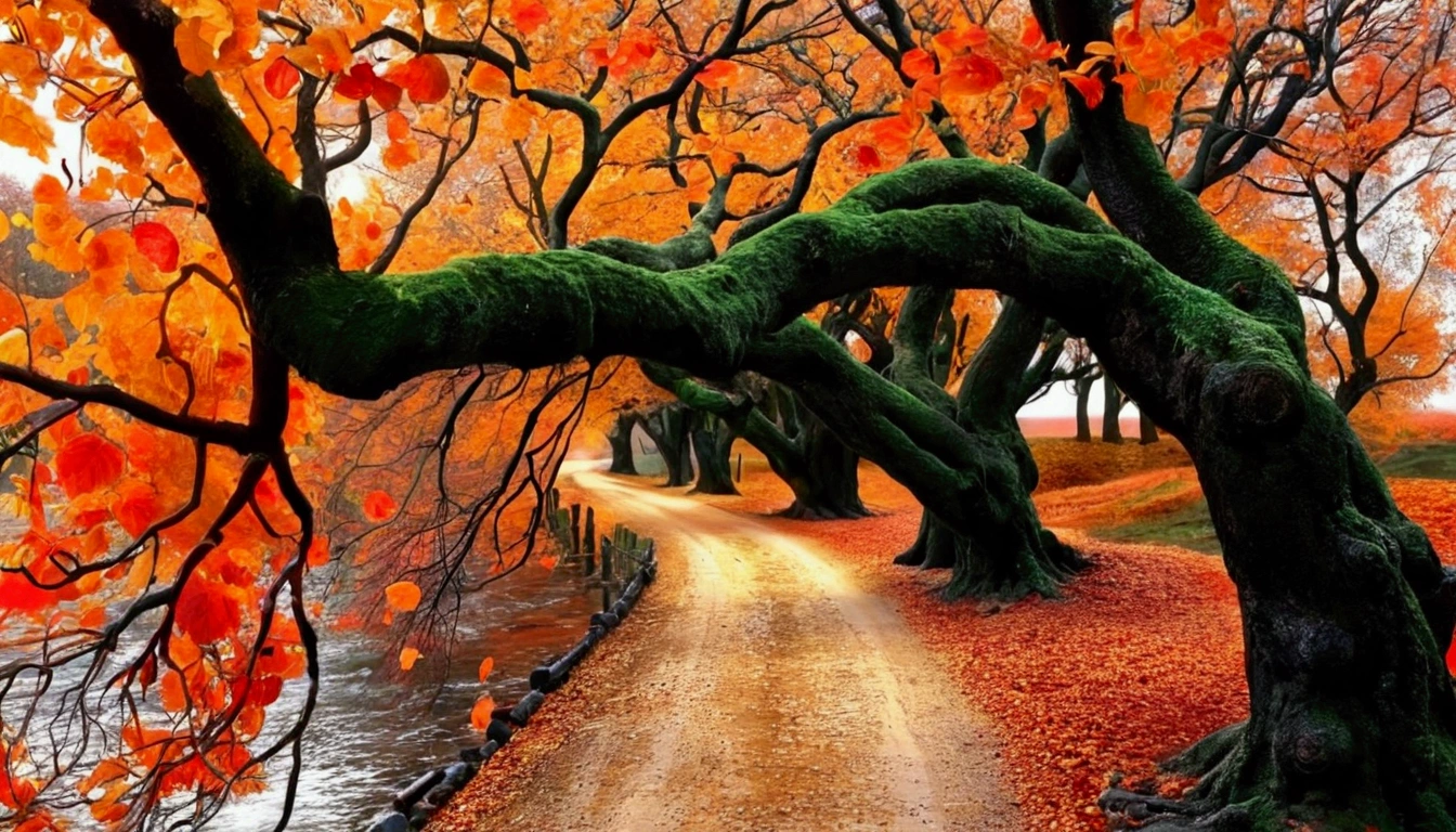 Close up of road with trees in the background, Nature Painting, 3 d virtual landscape painting, Surreal Fall, Beautiful digital painting, Landscape Art, in autumn, Beautiful autumn scent, Stunning numbers, The colors are brilliant and rich, digital art oil painting, Breathtakingly beautiful trees, Amazingly beautiful trees, Very beautiful digital art, Stunning numbers